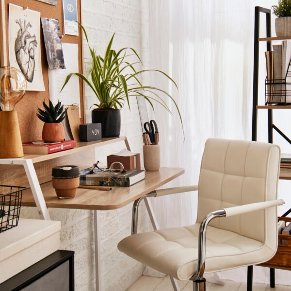 Office Chair and Desk Set, Faux Leather Swivel Chair, Study Desk with Storage Shelf, White. - Image 7
