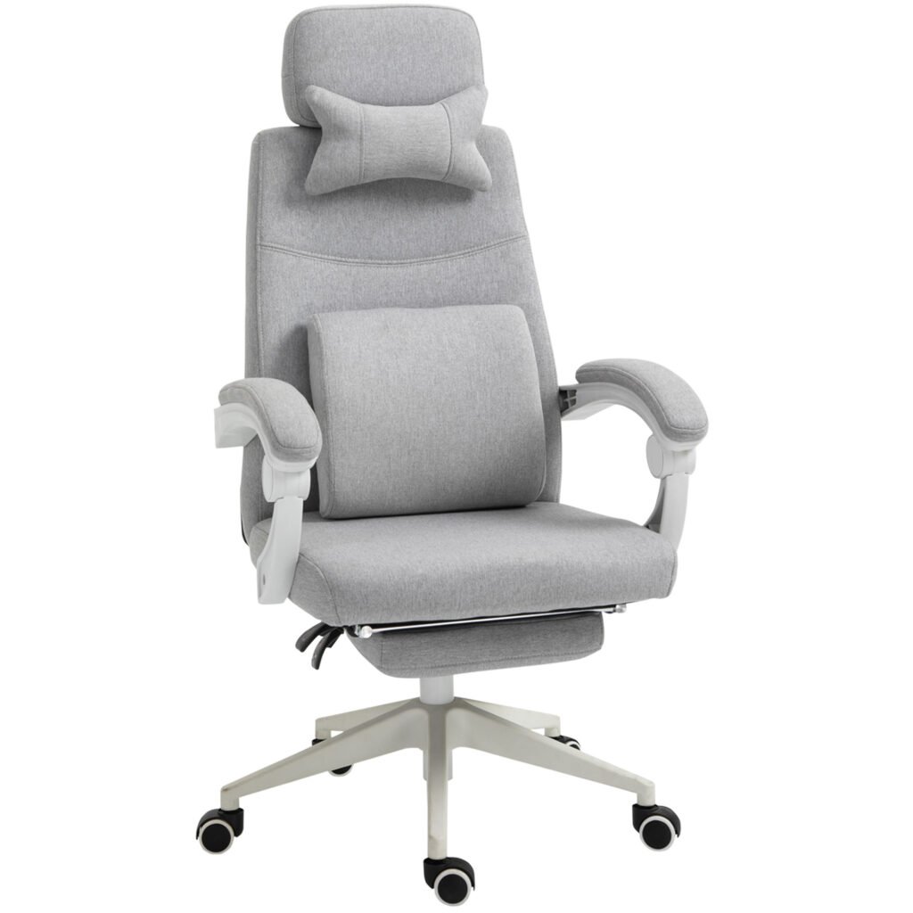 Ergonomic Desk Chair, High Back Fabric Office Chair with Reclining Backrest, Footrest, Neck and Lumbar Pillow, Grey
