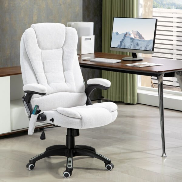 Massage Office Chair w/ 6 Heated Vibration Points, Executive Office Chair w/ Linen-Feel Fabric 360¬∞, Swivel Wheels, Cream White - Image 2
