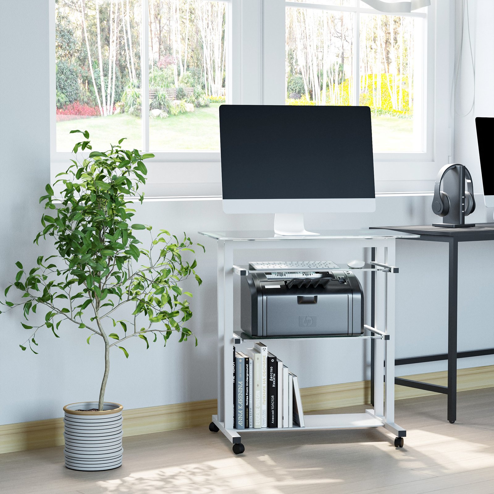 Mobile Glass Computer Desk, Workstation on Wheels, Laptop PC Desk for Home Office, White. - Image 7