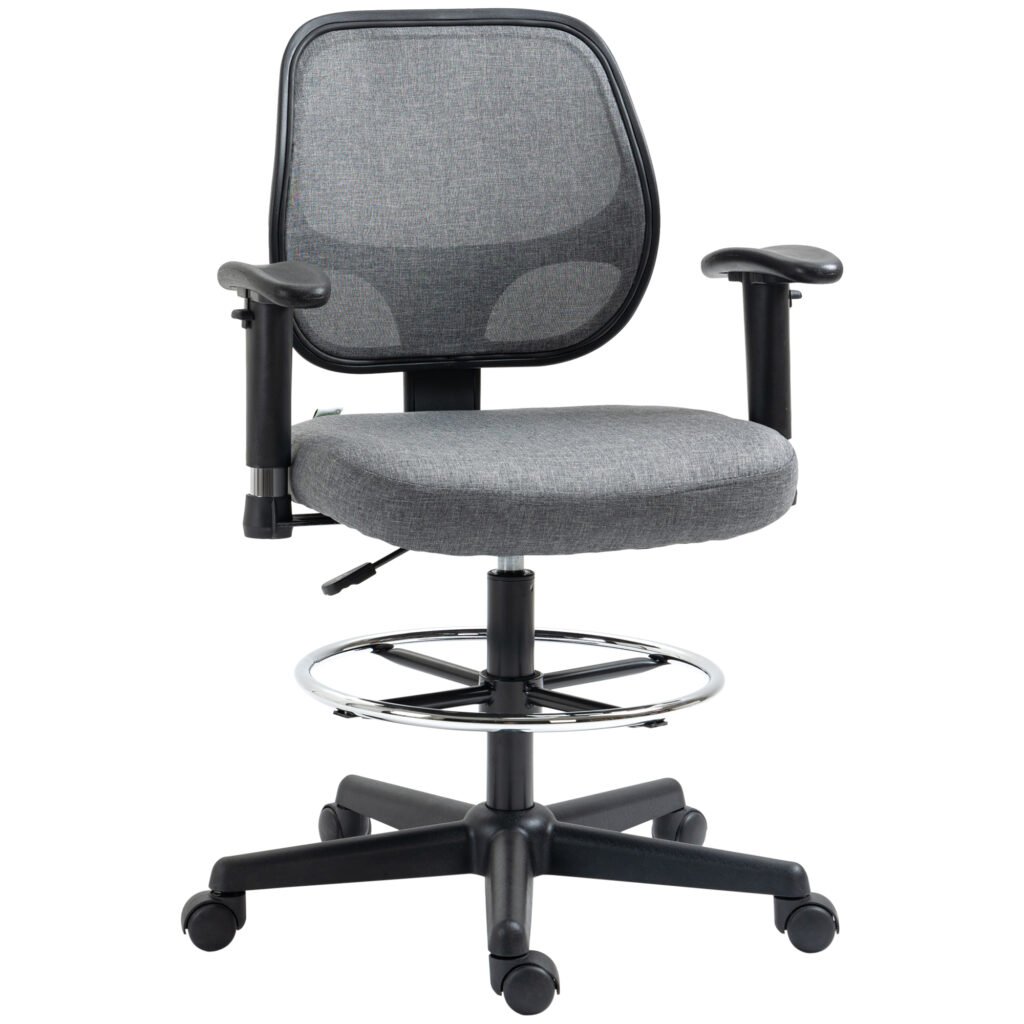 Drafting Chair, Draughtsman Chair, Tall Office Chair w/ Adjustable Footrest Ring, Arm, Swivel Wheels for Standing Desk, Grey